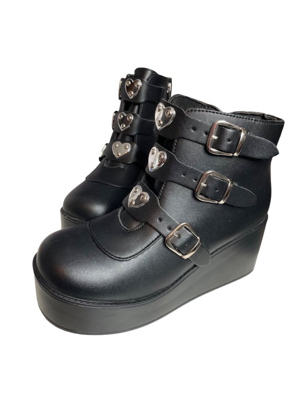 Black Platform Wedge Boots With Heart Buckles & Side Zippers